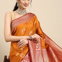 Anouk Orange & Gold-Coloured Woven Design Zari Silk Blend Banarasi Saree-image-59