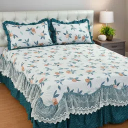 THE little BIG STORE White & Teal Floral 300 TC King Bedsheet with 2 Pillow Covers-image-78