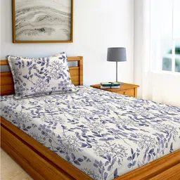 AEROHAVEN White & Purple Floral Printed Cotton 240 TC Single Bedsheet With 1 Pillow Cover-image-87