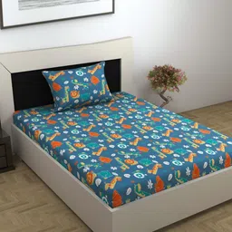 Divine Casa Blue & White Geometric 144 TC Single Bedsheet with 1 Pillow Covers-image-32
