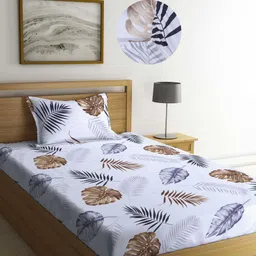 Arrabi White Leaf 300 TC Cotton Blend Single Size Fitted Bedsheet with 1 Pillow Cover-image-41