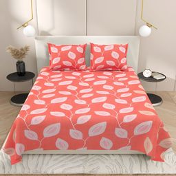 DREAM WEAVERZ Peach & White Floral Cotton 220 TC King Bedsheet With 2 Pillow Covers-image-29