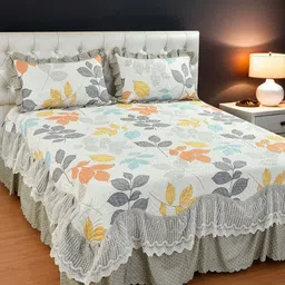 THE little BIG STORE Beige & Orange Floral 300 TC King Bedsheet with 2 Pillow Covers-image-77