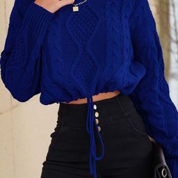 StyleCast Blue Cable Knit Self Design Crop Pullover-image-80