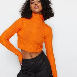 Trendyol Cable Knit Self Design Turtle Neck Crop Pullover Sweater-23