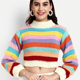 WINDROP SOLUTIONS Striped Turtle Neck Woollen Crop Pullover Sweater-image-9