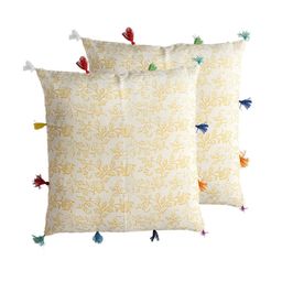 Contrast Living Yellow & Beige 2 Pieces Floral Linen Square Cushion Covers-image-61