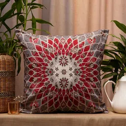 ZEBA Grey & Red Ethnic Motifs Printed Square Cushion Cover-27