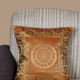 Lal Haveli Gold-Toned & Orange Floral Printed Square Cushion Cover-image-69