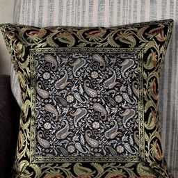 Lal Haveli Black & Gold Toned Ethnic Motif Silk Square Cushion Cover-image-95