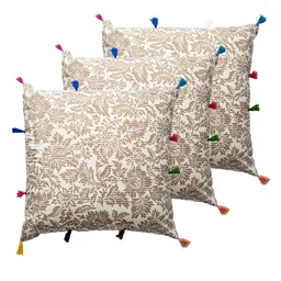 Contrast Living Brown & White 3 Pieces Floral Square Cotton Cushion Covers-image-97