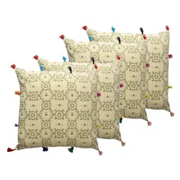 Contrast Living Cream-Coloured & Grey 4 Pieces Floral Printed Cotton Square Cushion Covers-26