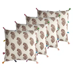 Contrast Living Cream-Coloured & Brown 4 Pieces Cotton Printed Square Cushion Covers-11