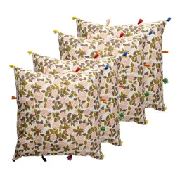 Contrast Living White & Green 4 Pieces Floral Cotton Square Cushion Covers-image-3
