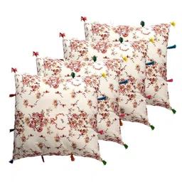 Contrast Living Off White & Red 4 Pieces Floral Printed Cotton Square Cushion Covers-16