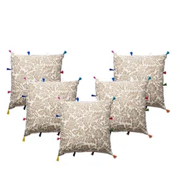Contrast Living Brown & White 5 Pieces Floral Printed Cotton Square Cushion Covers-image-74