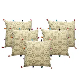 Contrast Living Cream-Coloured & Green 5 Pieces Floral Cotton Square Cushion Covers-picture-57