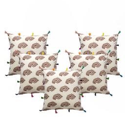 Contrast Living Cream-Coloured & Brown 5 Pieces Floral Cotton Square Cushion Covers-19