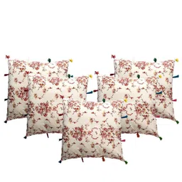 Contrast Living White & Red 5 Pieces Floral Printed Cotton Square Cushion Covers-picture-33