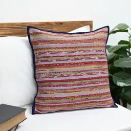 ArtEastri Blue & Pink Striped Cotton Khesh Square Cushion Cover-image-82