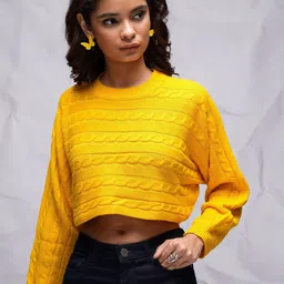 Tokyo Talkies Yellow Self Design Cable Knit Cropped Pullover Sweater-image-37
