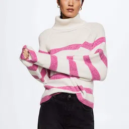 MANGO Women White & Fuchsia Striped Oversize Sustainable Pullover-image-55