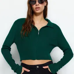 Trendyol Ribbed Shirt Collar Long Sleeve Zip Detail Crop Acrylic Pullover Sweaters-47