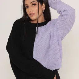KASMA Women Black & Purple Colourblocked Wool Pullover-picture-15