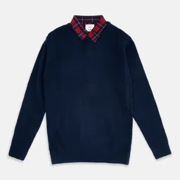 Pantaloons Junior Boys Navy Blue & Red Cable Knit Shirt Collar Pullover Sweater-picture-11