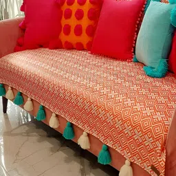 THROWPILLOW Orange & White Printed Anti Slip Tassels 4 Seater Sofa Cover-8