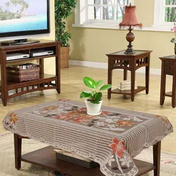 Kuber Industries White & Brown Floral Cotton 4 Seater Center Table Cover-56