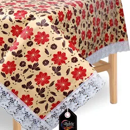 Stylista Beige & Red Floral Printed Waterproof Square 2 Seater Table Cover-5