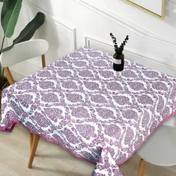 Texstylers White & Purple Ethnic Motifs Print Anti-Slip Cotton 4-Seater Square Table Cover-image-45
