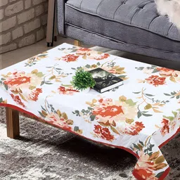 Texstylers White & Orange Floral Printed Anti-Slip Cotton 4-Seater Table Cover-12