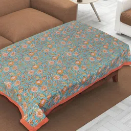Texstylers Orange & Blue Floral Anti Slip Cotton 4 Seater Rectangle Table Cover-53