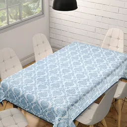 Texstylers White & Blue Ethnic Motifs Anti-Slip Cotton 6-Seater Rectangular Table Cover-7