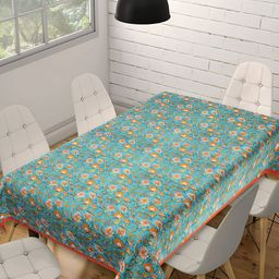 Texstylers Blue & Orange Floral Anti Slip Cotton 6 Seater Rectangular Table Cover-24