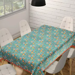 Texstylers Orange & Blue Floral Anti Slip Cotton 6 Seater Rectangle Table Cover-picture-44