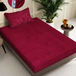KLOTTHE Red Woollen 300 TC Fitted Single Bedsheet With Pillow Cover-picture-13