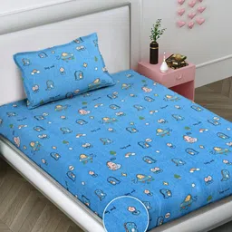 FABINALIV Blue & Beige Cartoon Characters 300 TC Single Bedsheet with 1 Pillow Covers-13