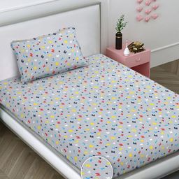 FABINALIV Grey & Yellow Cartoon Characters 300 TC Single Bedsheet with 1 Pillow Covers-6