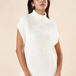 AKKRITI BY PANTALOONS Open Knit Turtle Neck Short Sleeves Acrylic Pullover Sweater-picture-7