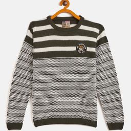 Duke Boys Olive Green & White Acrylic Striped Pullover Sweater-image-45