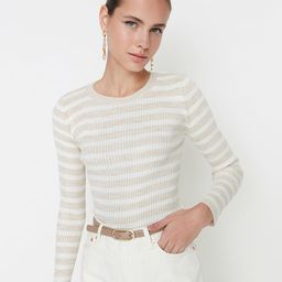 Trendyol Women Grey & Off White Striped Sweater-image-73