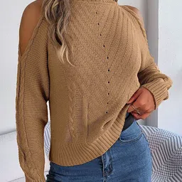 StyleCast Brown Cable Knit Self Design Acrylic Pullover-image-89