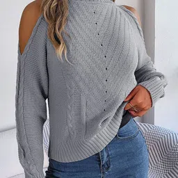 StyleCast Grey Cable Knit Self Design Acrylic Pullover-image-87