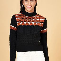 People Black & Red Cable Knit Turtle Neck Acrylic Pullover-image-21