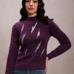 Tokyo Talkies Purple Embellished High Neck Acrylic Pullover-image-26
