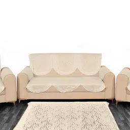 BIGGER FISH Beige Embroidered 5 Seater Sofa Cover-image-18