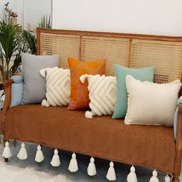THROWPILLOW Camel Brown 3 Seater Sofa Cover With Tassels-59